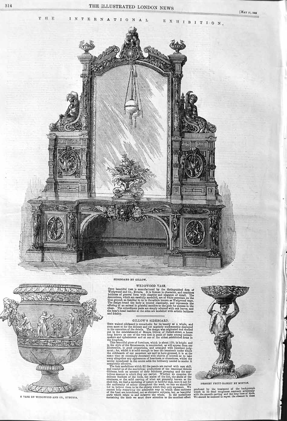 Old Antique Print 1862 Sideboard Gillow Vase Wedgwood Fruit-Basket Minton 19th