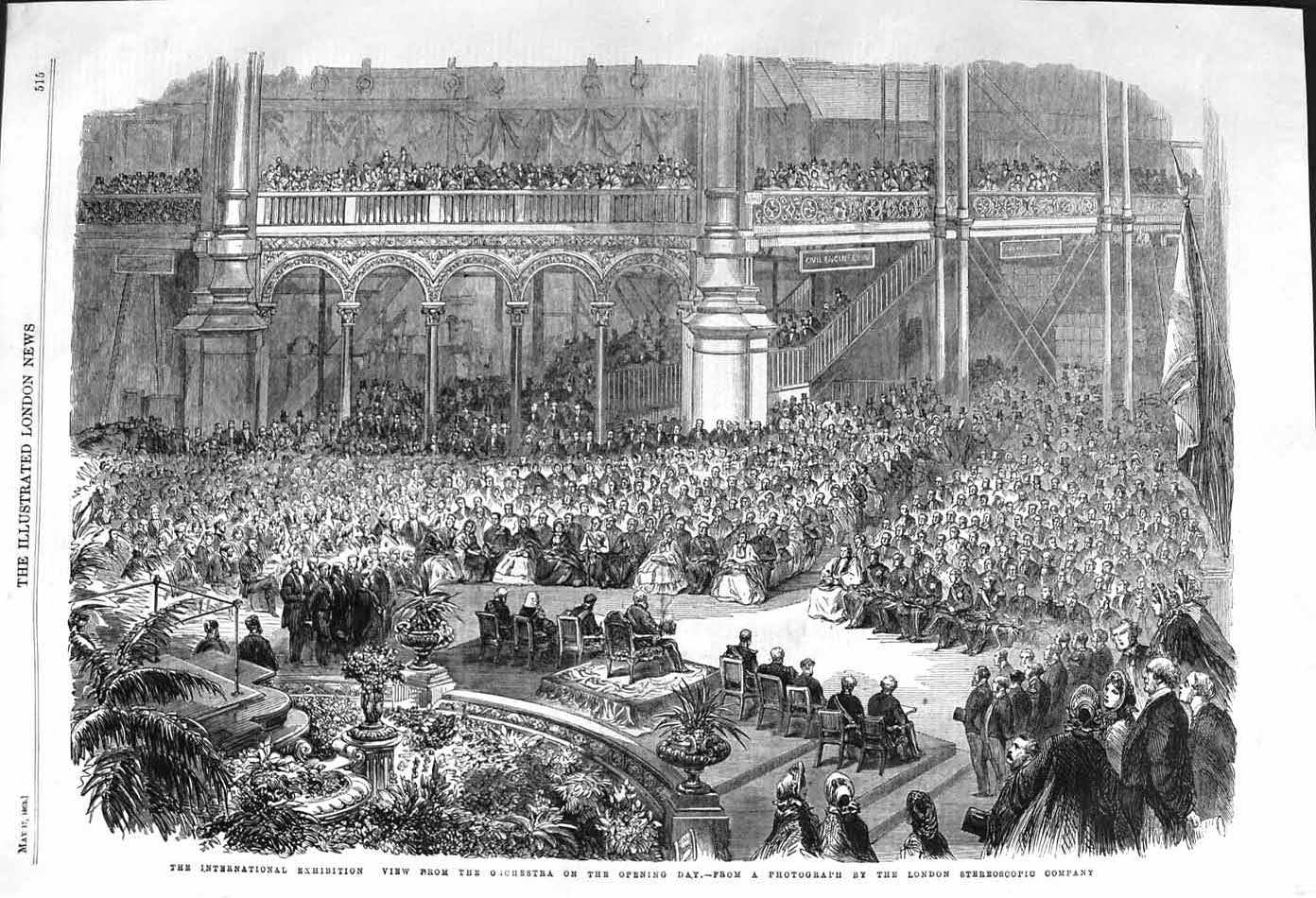 Original Old Antique Print 1862 View Orchestra Opening International Exhibition