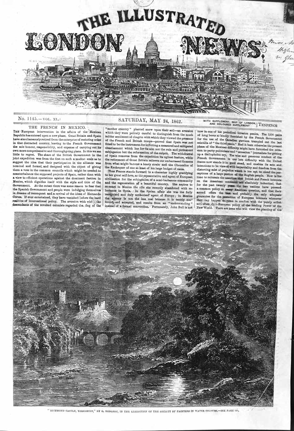 Original Old Antique Print 1862 Richmond Castle Yorkshire River Bridge Mo 19th