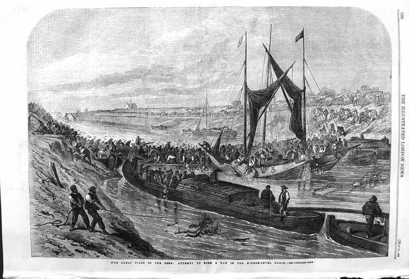 Original Old Antique Print 1862 Great Flood Fens Scene Attempt Dam Drain Boats
