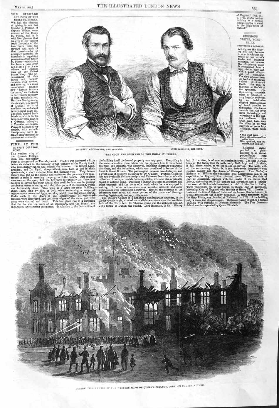 Original Old Antique Print 1862 Fire Queen'S College Cork Montgomery S Victorian