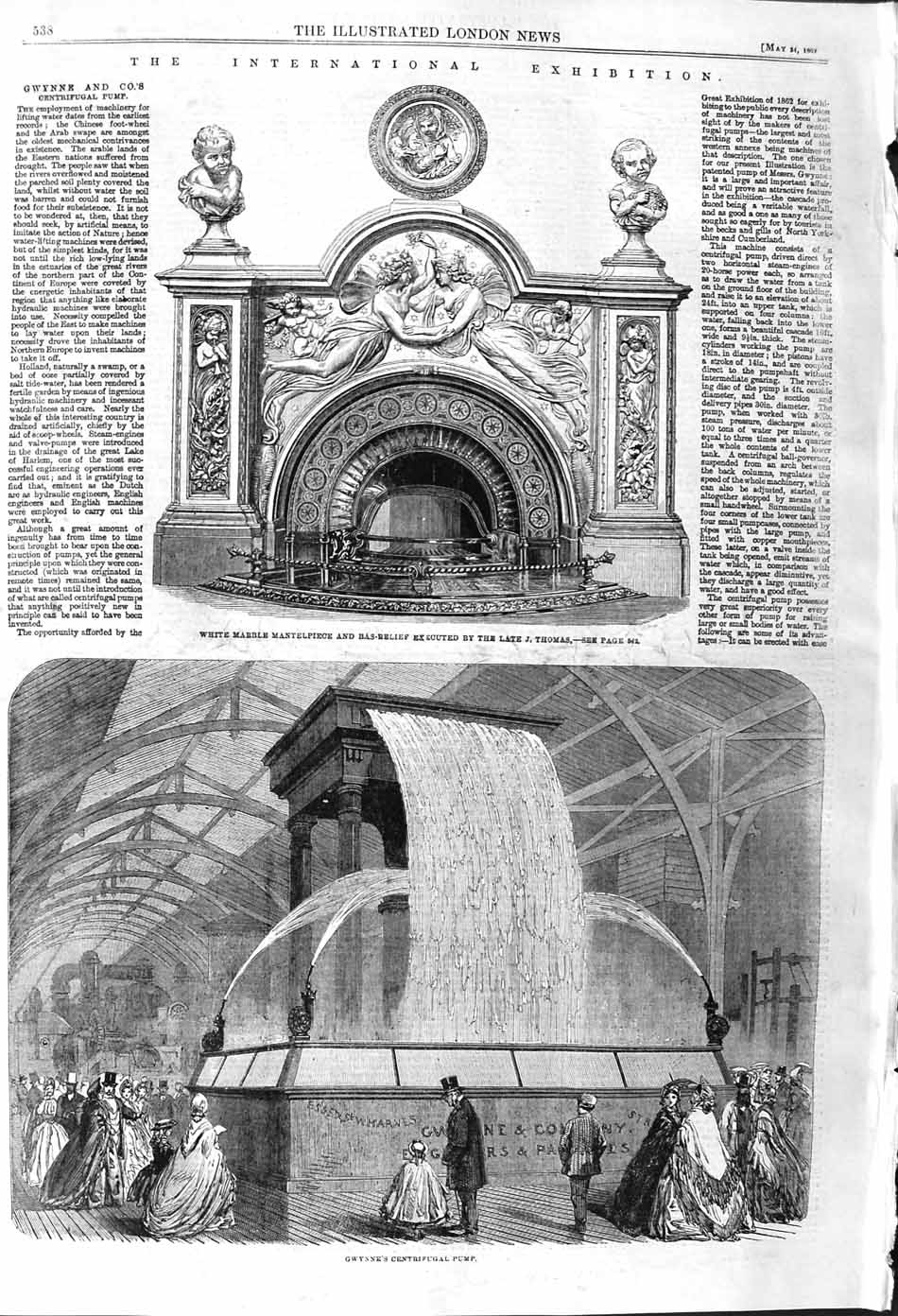 Old Antique Print 1862 White Marble Mantelpiece Gwynne Centrifugal Pump 19th