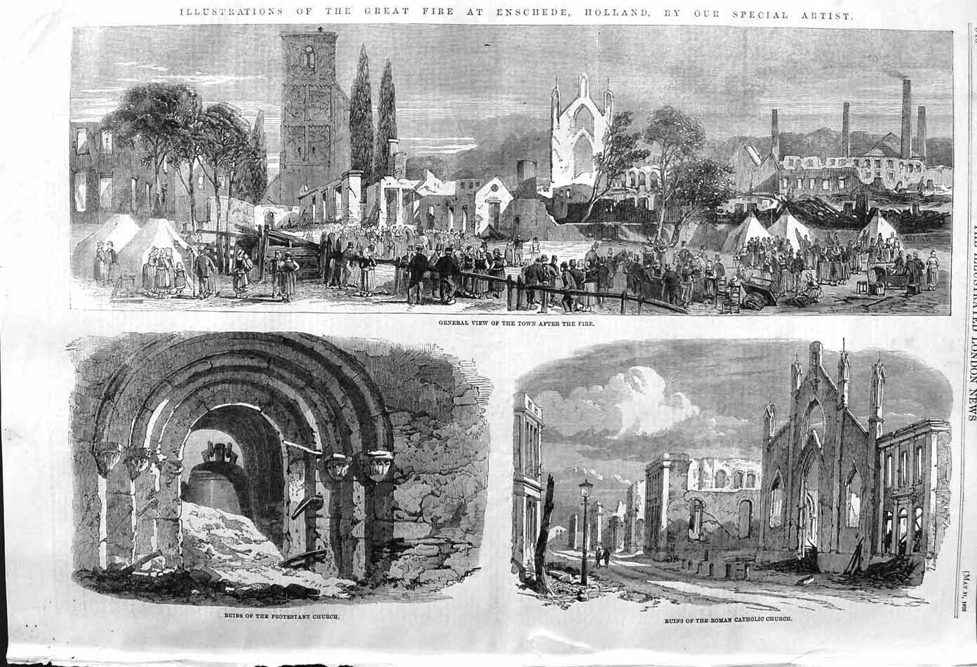 Original Old Antique Print 1862 Roman Catholic Church Protestant Fire E 19th