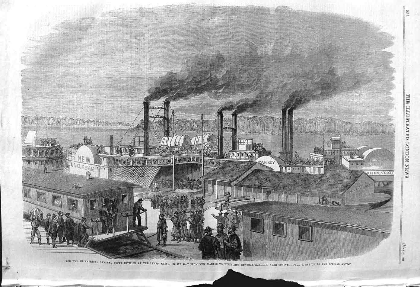 Original Old Antique Print 1862 War America General Pope Levee Cairo Halleck