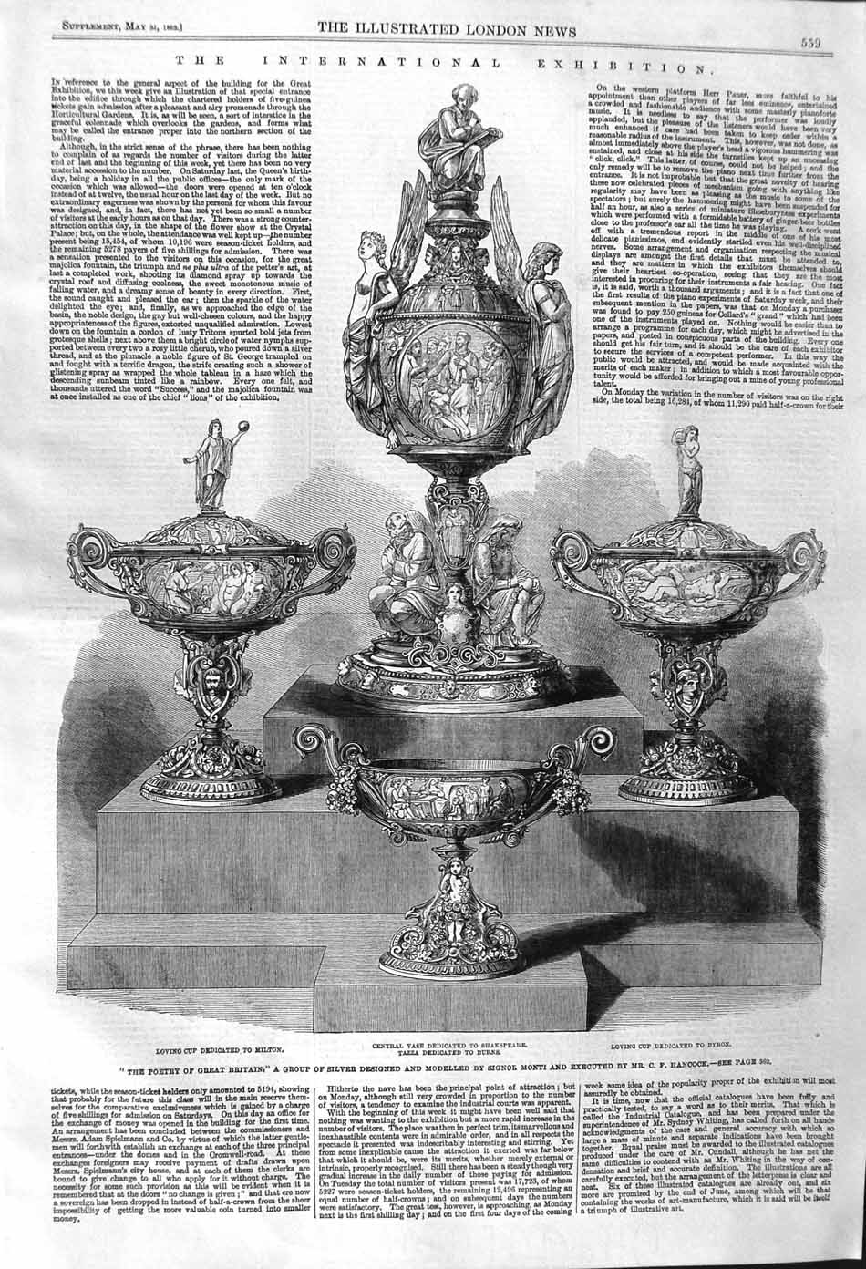 Original Old Antique Print 1862 Loving Cup Milton Vase Shakspeare Byron Poets