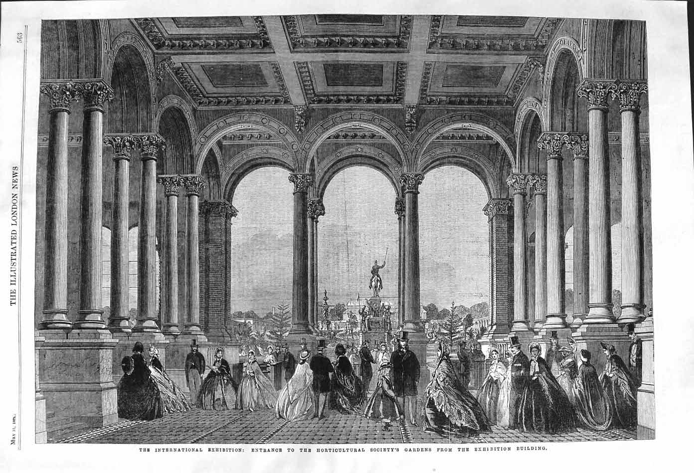 Old Antique Print 1862 Entrance Horticultural Gardens Exhibition Building 19th