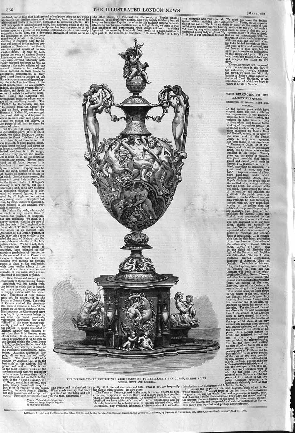 Original Old Antique Print 1862 Queen England Vase International Exhibition