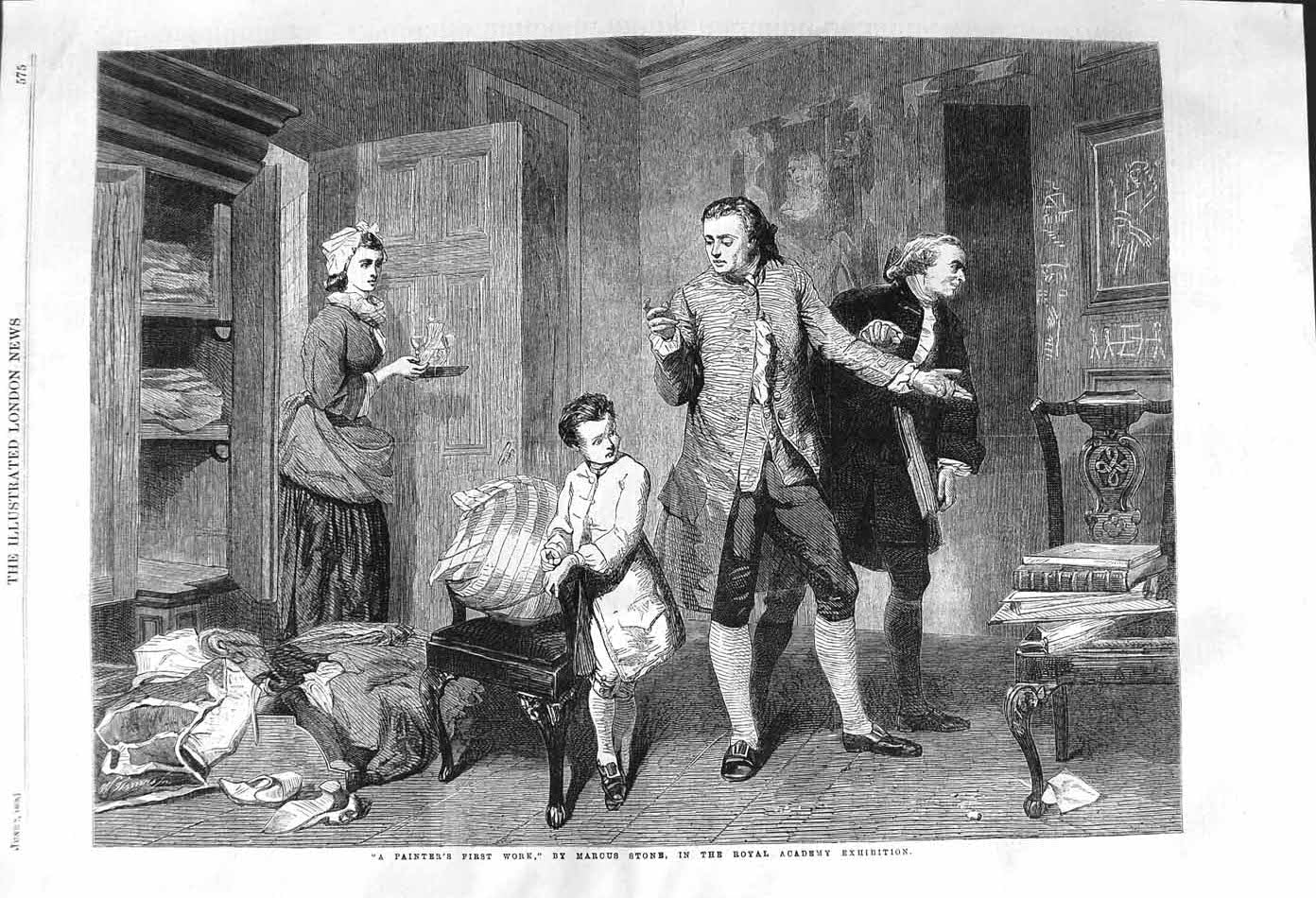 Original Old Antique Print 1862 Painters First Work Art Young Boy Drawing Wall