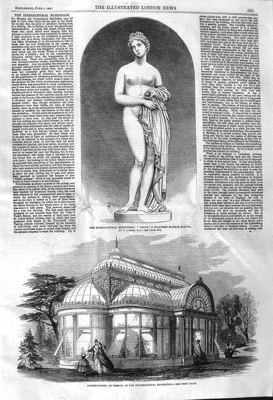 Old Antique Print 1862 Venus Marble Statue Conservatory Ormson Exhibition 19th