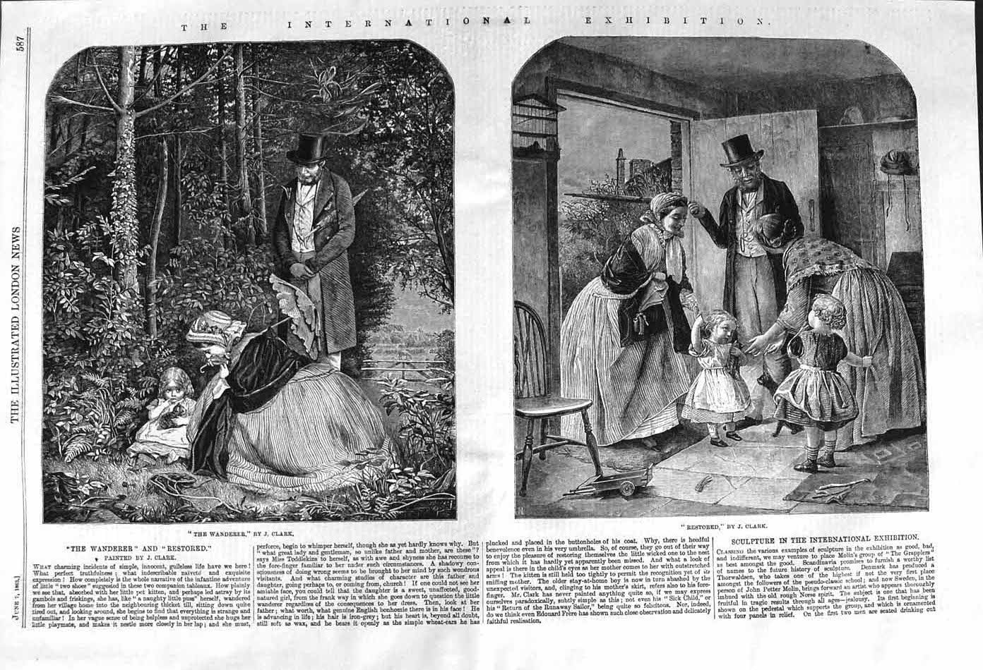 Old Antique Print 1862 International Exhibition Little Girls Family Home 19th