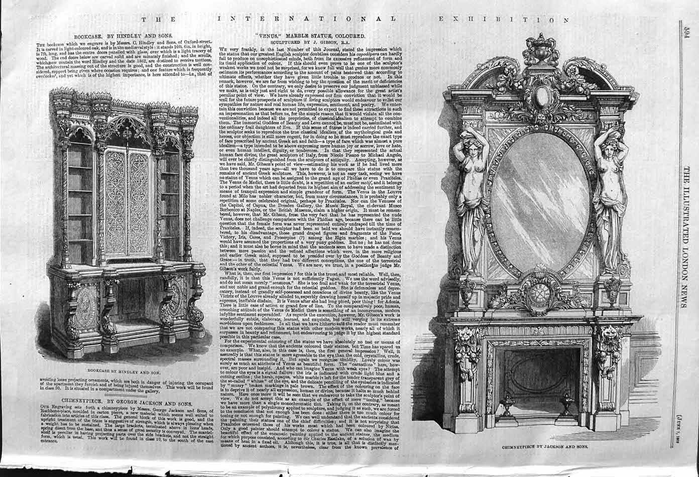 Original Old Antique Print 1862 Bookcase Hindley Chimneypiece Furniture Jackson