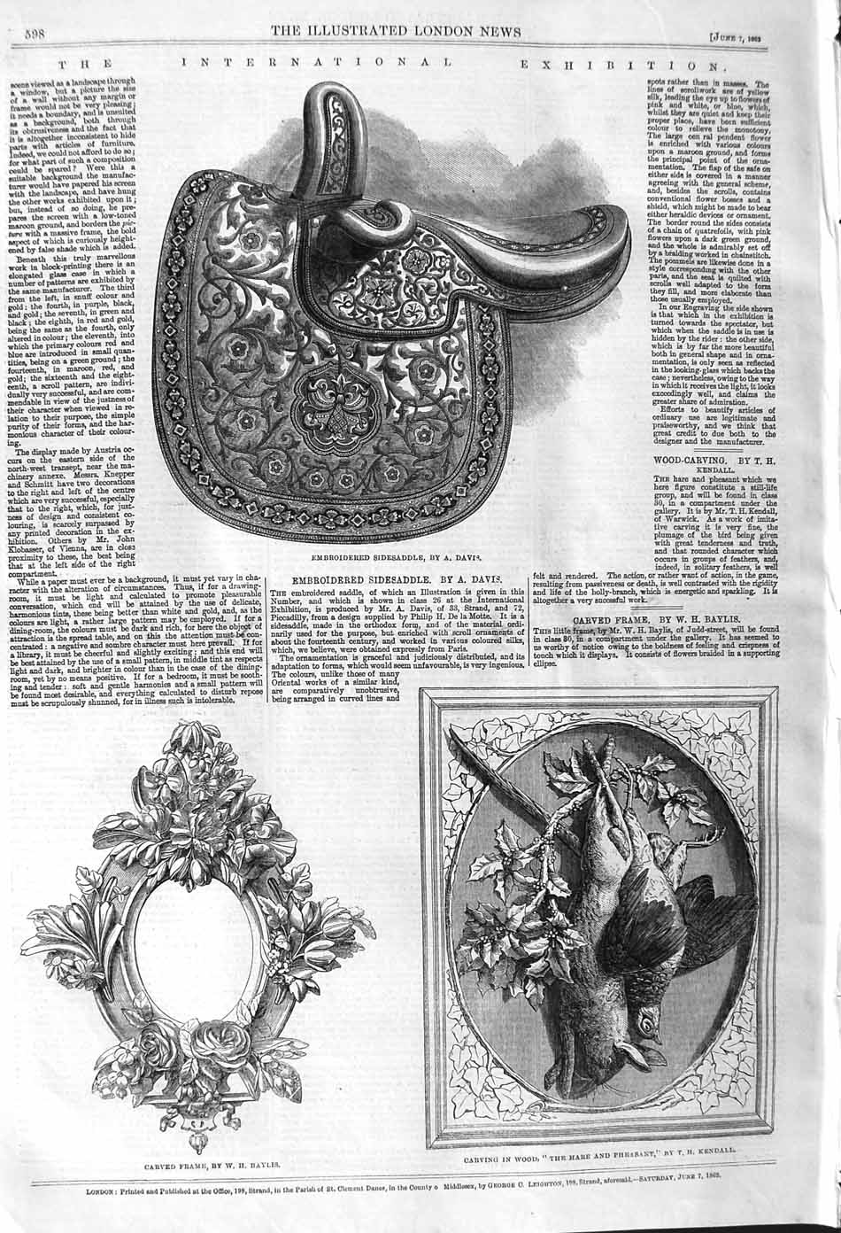 Original Old Antique Print 1862 Embroidered Sidesaddle Carved Frame Hare P 19th