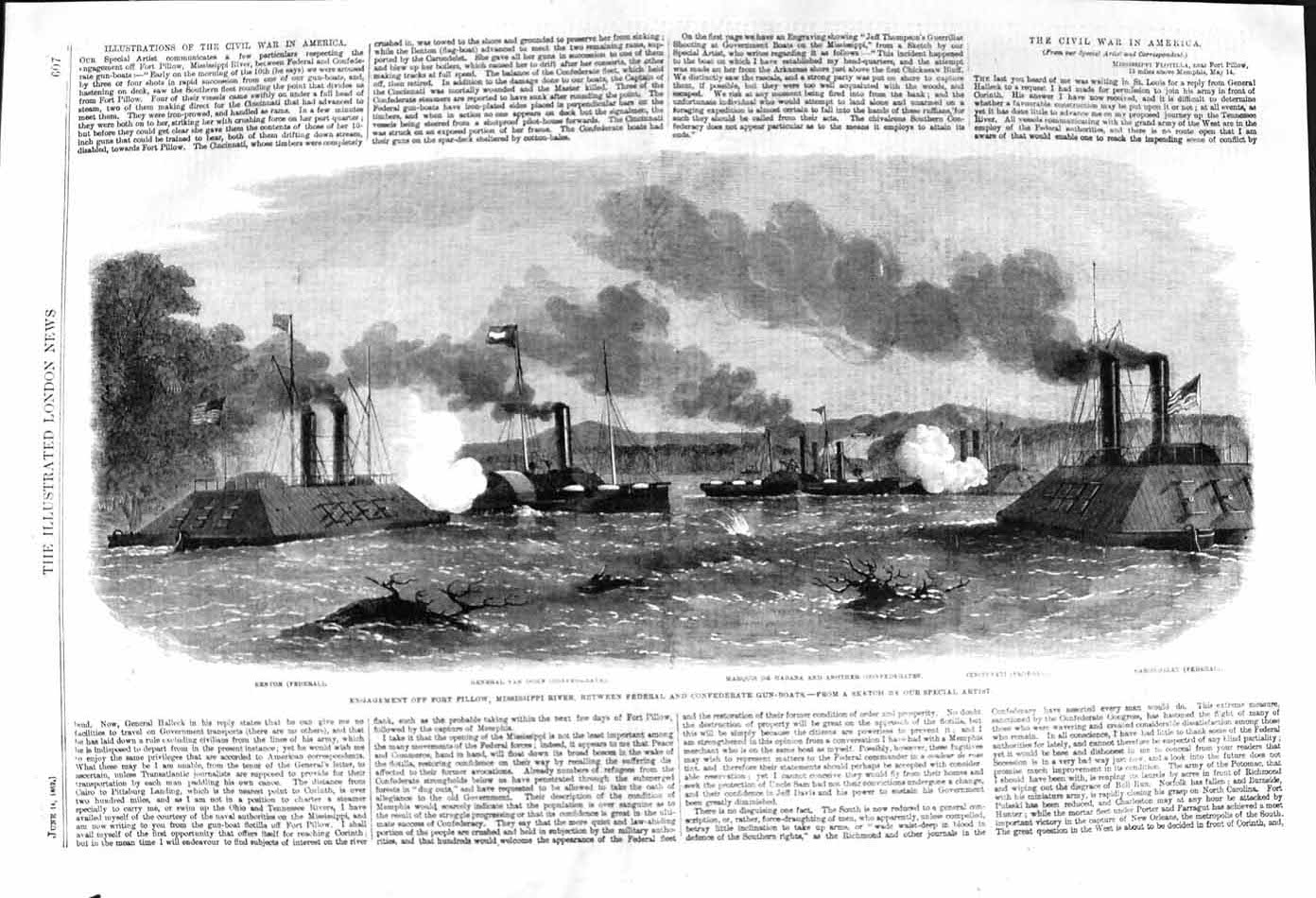 Old Antique Print 1862 Fort Pillow Mississippi River Benton Federal Boats 19th