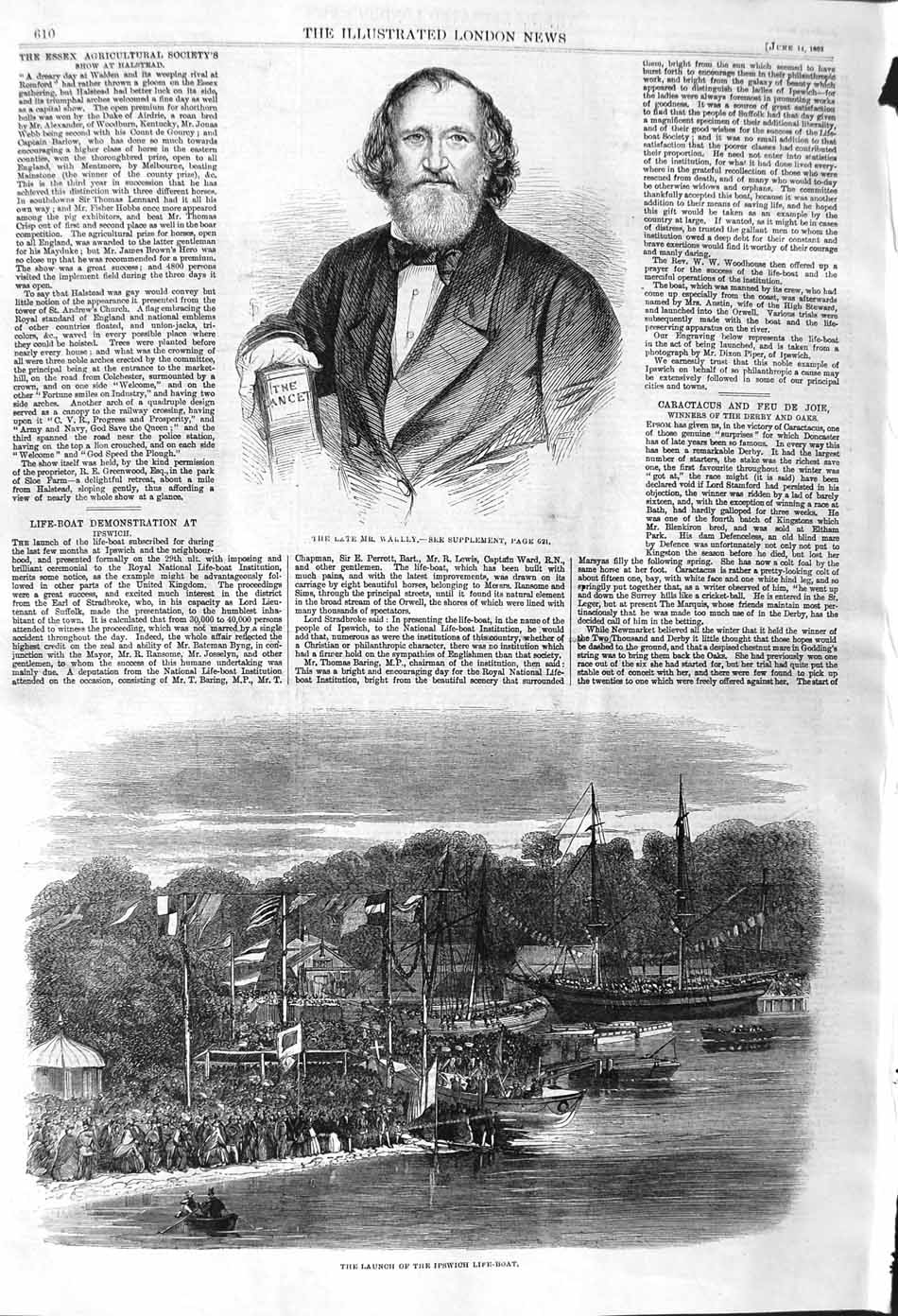 Original Old Antique Print 1862 Portrait Wakley Launch Ipswich Life Boat Ships