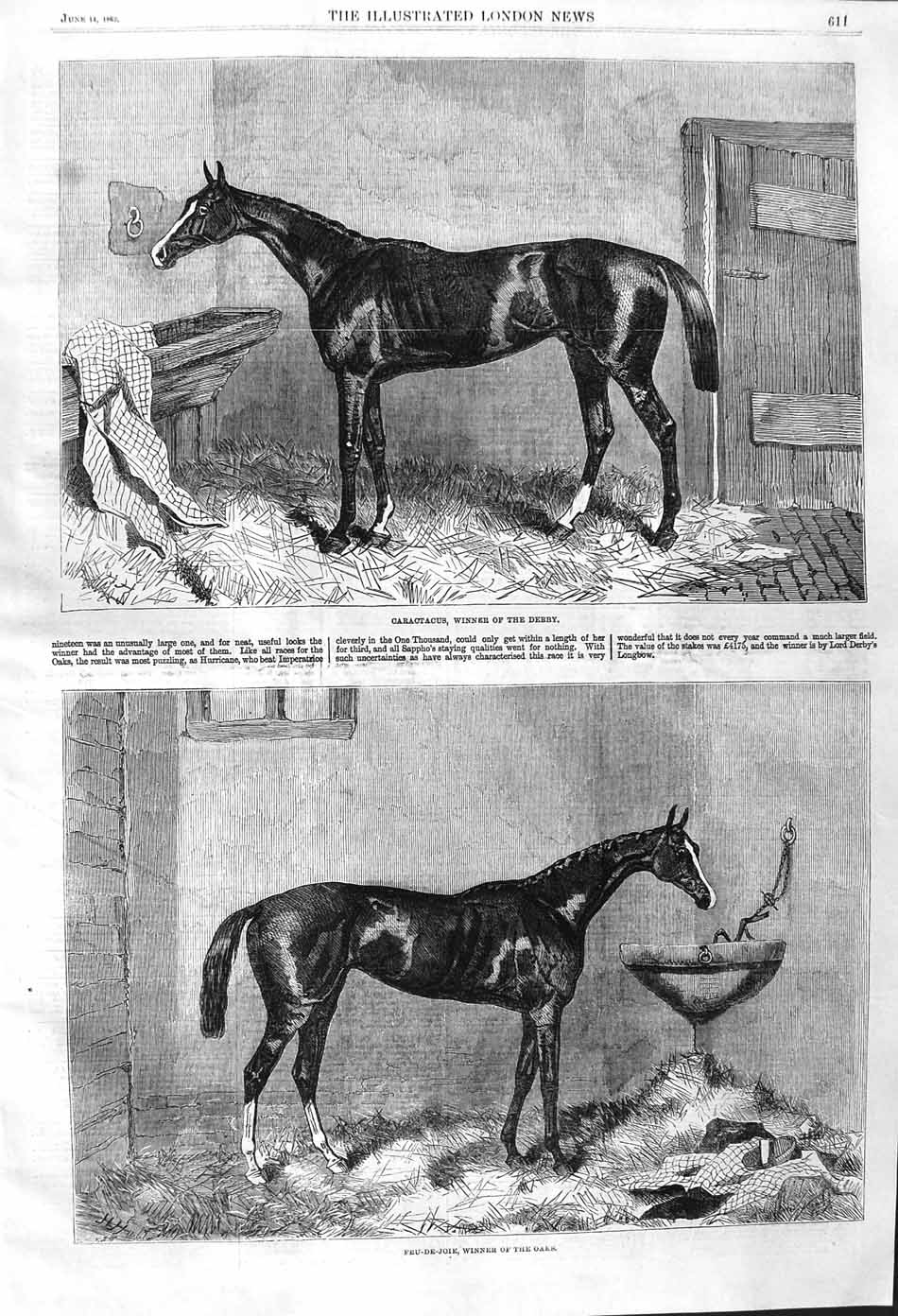 Original Old Antique Print 1862 Caractacus Derby Horse Feu-De-Joie Oak Victorian