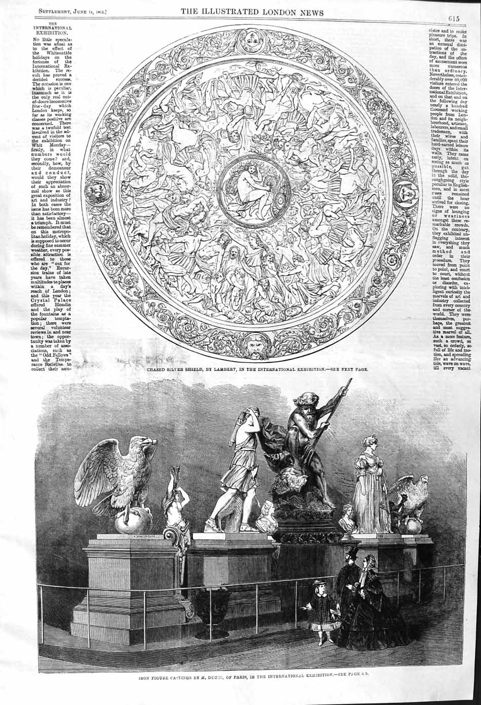 Old Antique Print 1862 Chased Silver Shield Lambert Iron Figure Casting 19th