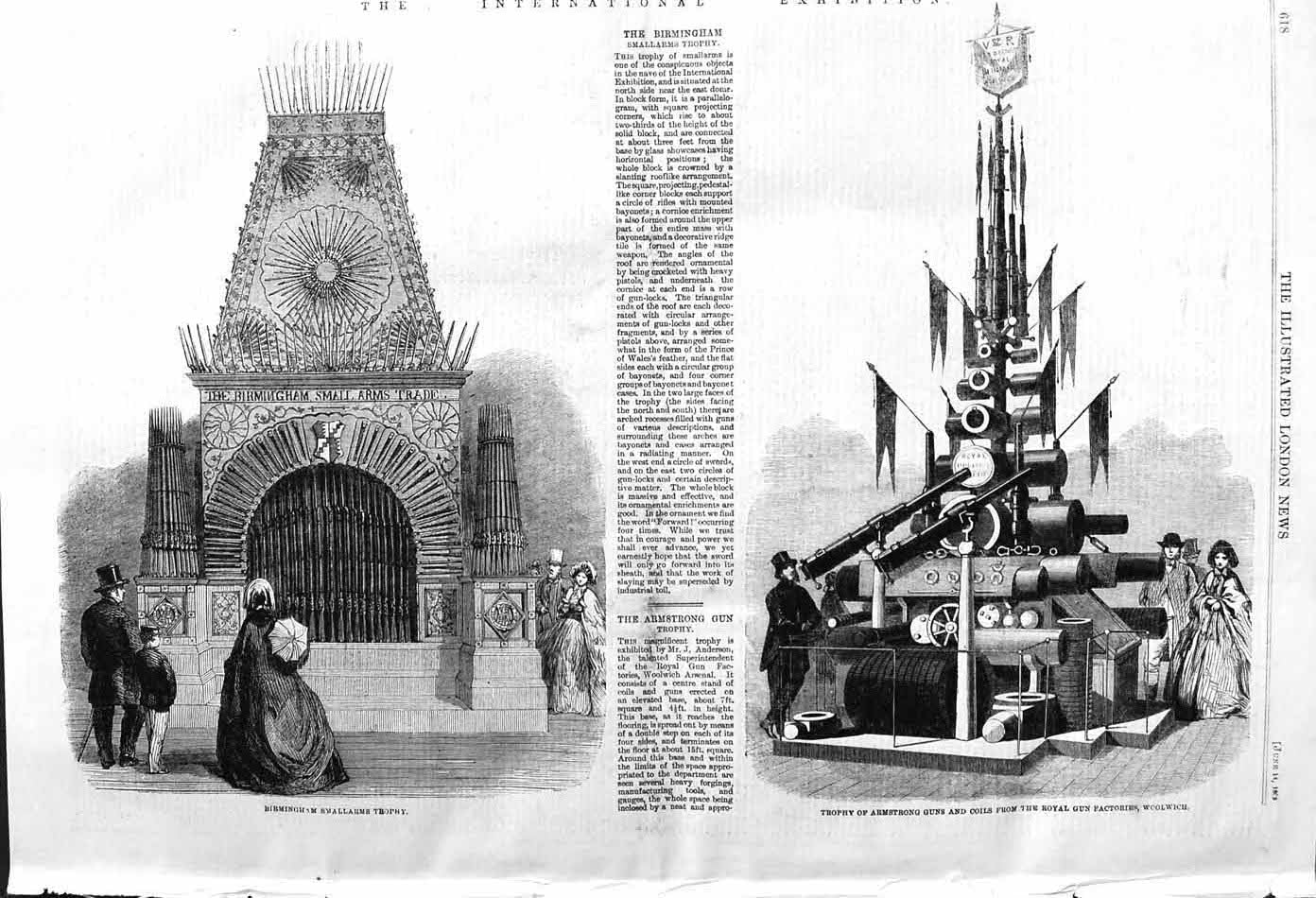 Original Old Antique Print 1862 Trophy Armstrong Guns Woolwich Birmingham Arms