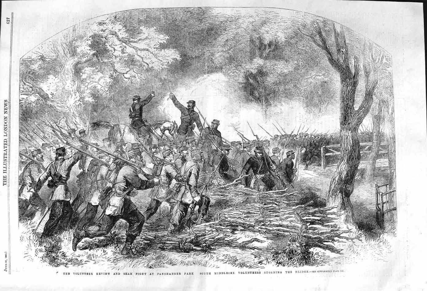 Original Old Antique Print 1862 Sham Fight Panshanger Park Middlesex Volunteers