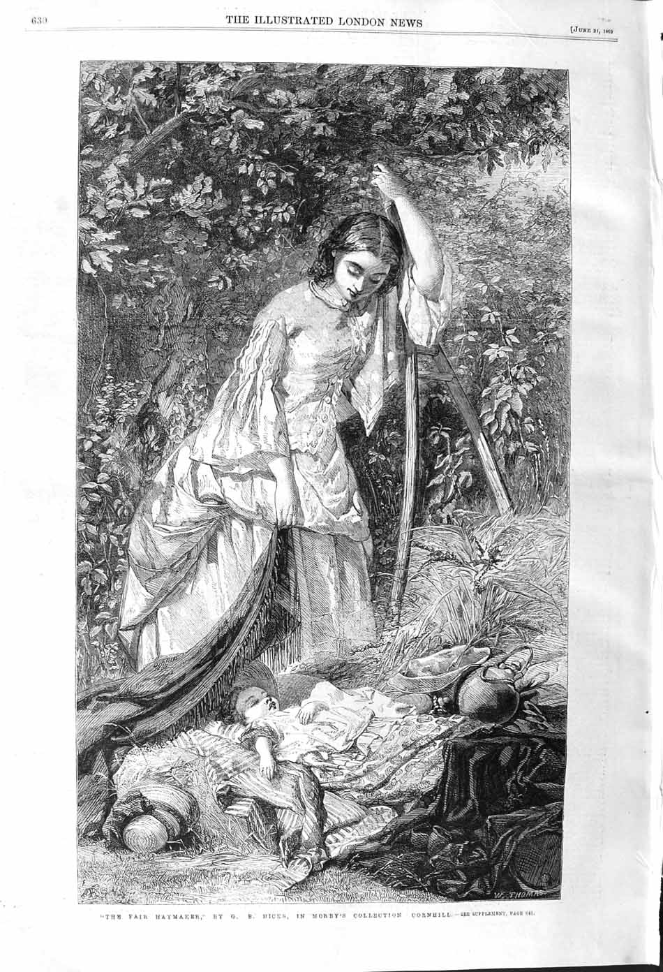 Original Old Antique Print 1862 Fair Haymaker Hicks Mother Little Girl Farming