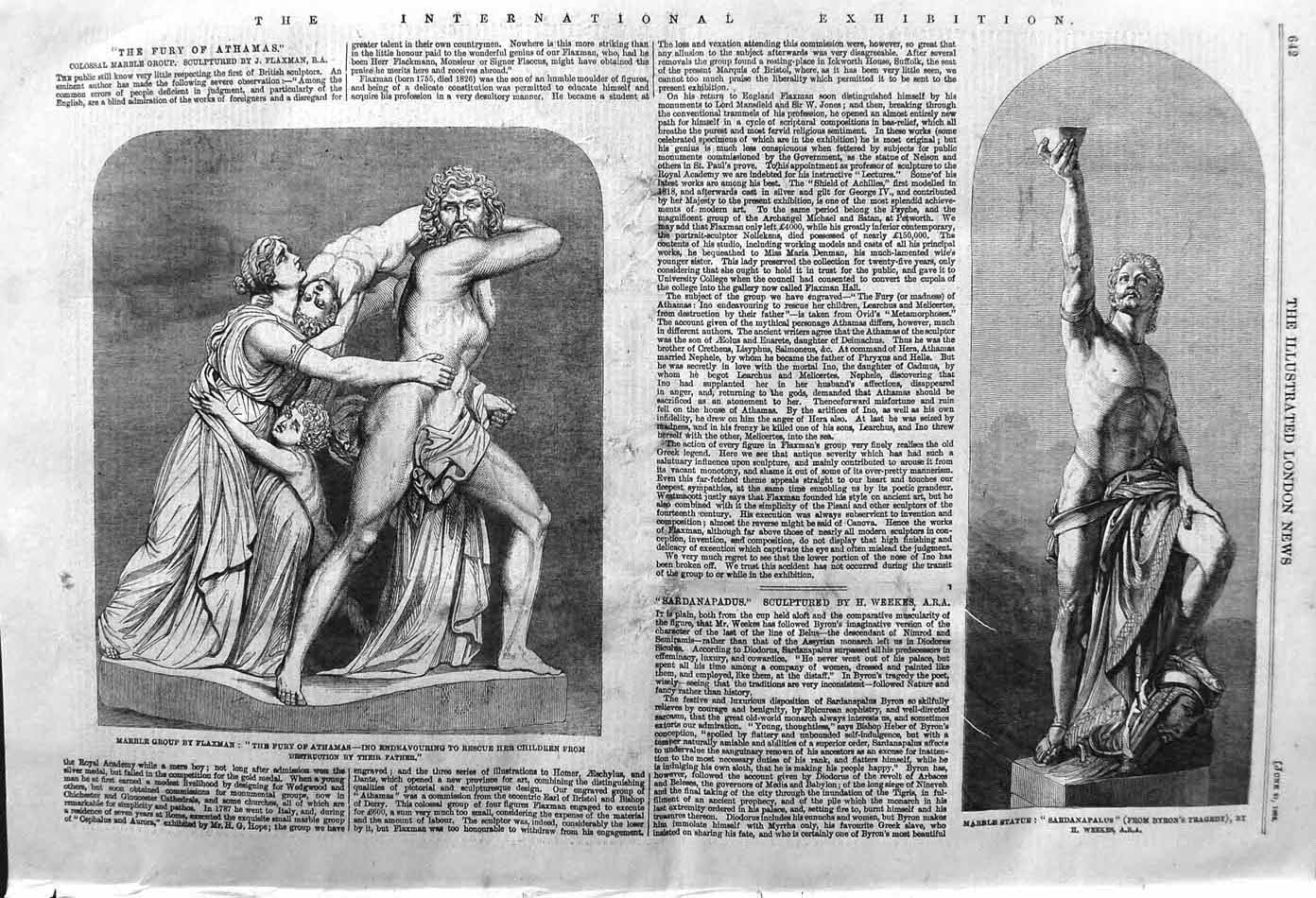 Original Old Antique Print 1862 Marble Statue Sardanapalus Flaxman Fury Athamas
