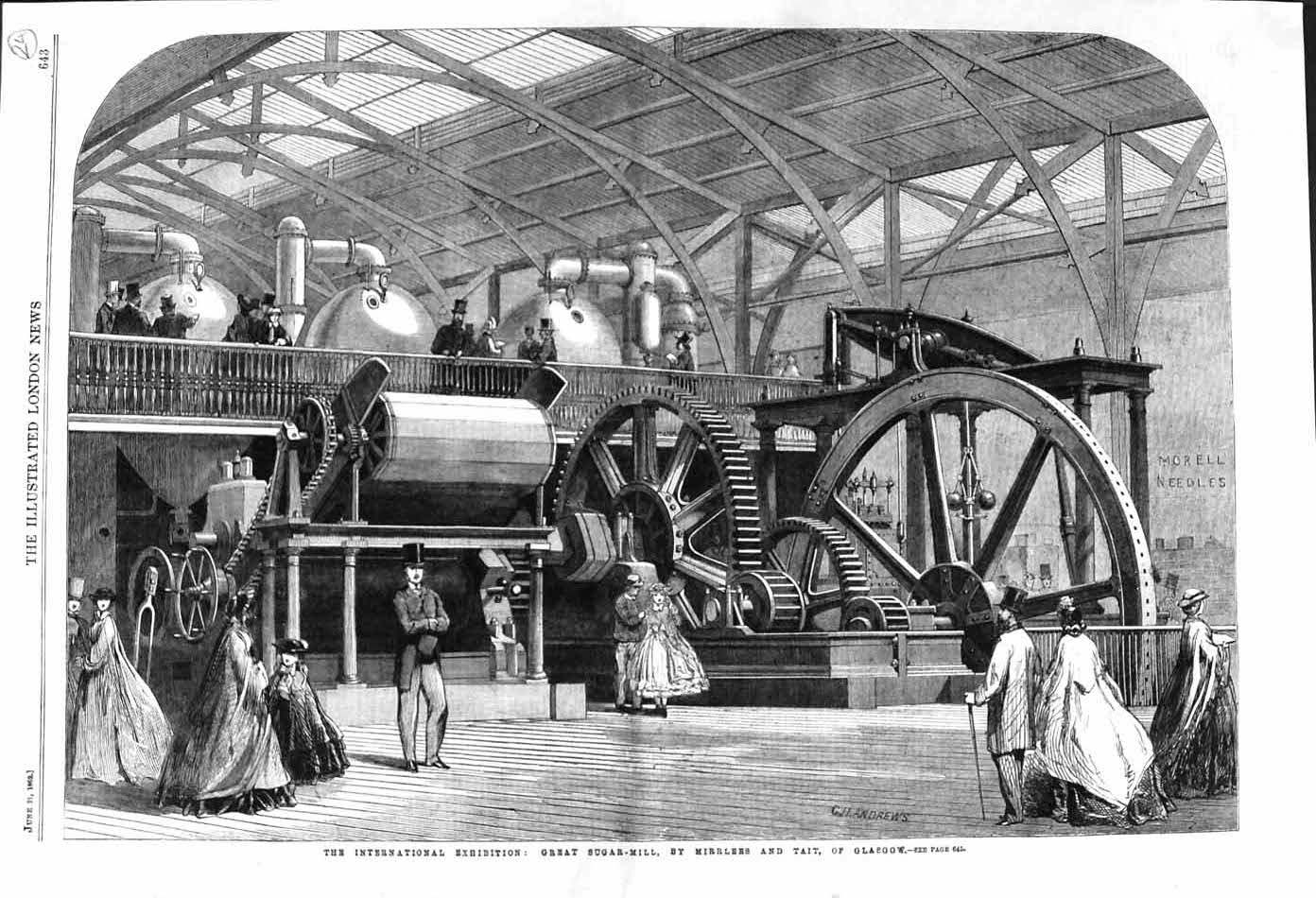 Old Antique Print 1862 Great Sugar Mill International Exhibition Glasgow 19th