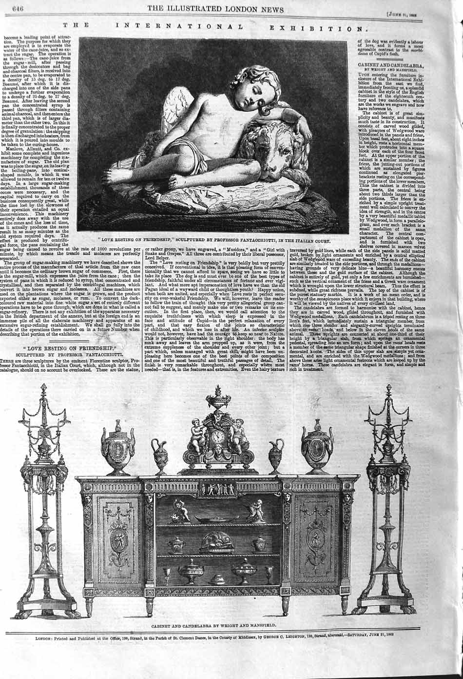 Old Antique Print 1862 Cabinet Candelabra Mansfield Sculpture Dog Child 19th