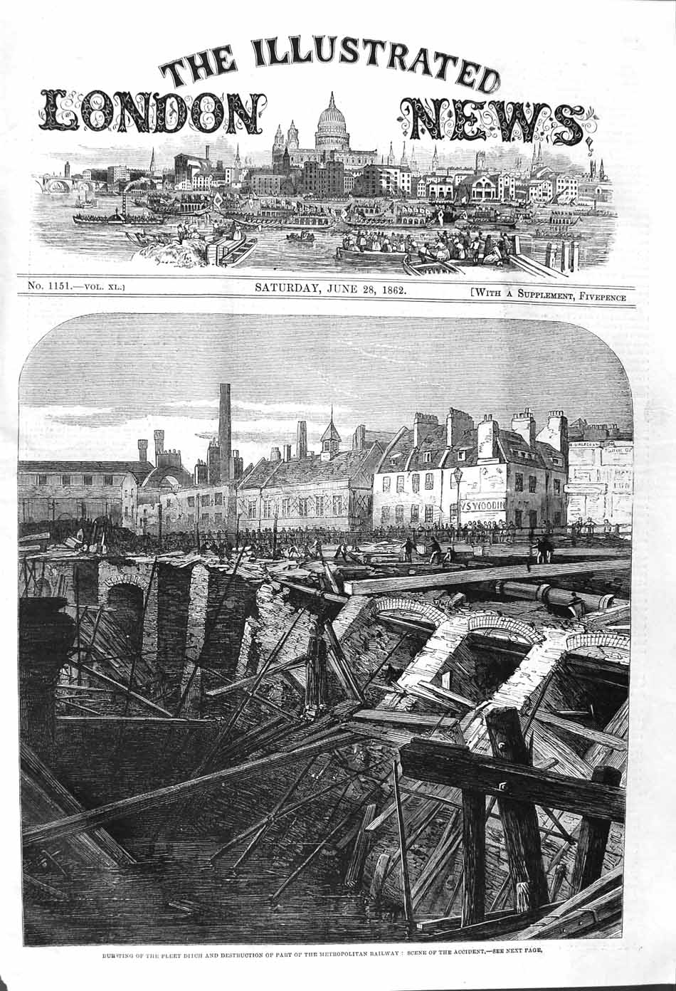Original Old Antique Print 1862 Bursting Ditch Destruction Metropolitan Railway