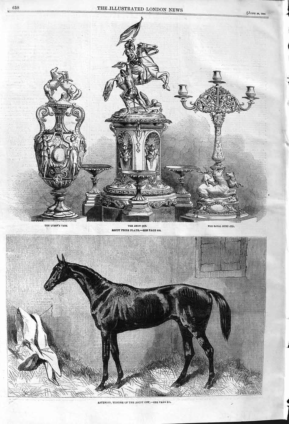 Old Antique Print 1862 Ascot Prize Plate Royal Hunt Asteroid Horse Sport 19th