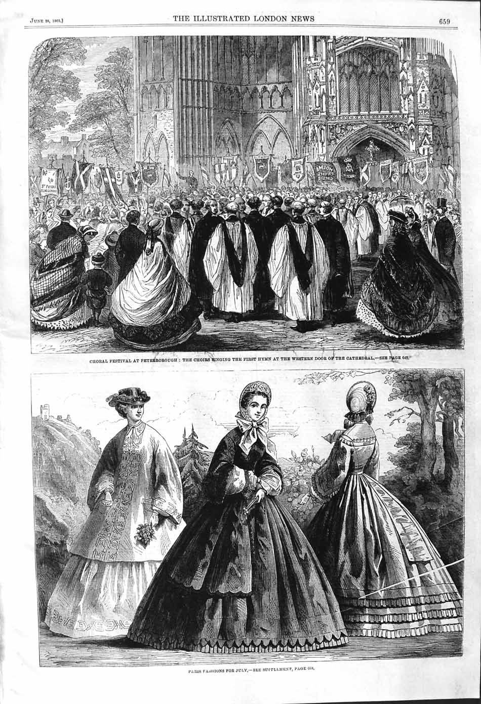 Old Antique Print 1862 Ladies Fashion Choral Festival Peterborough Choir 19th
