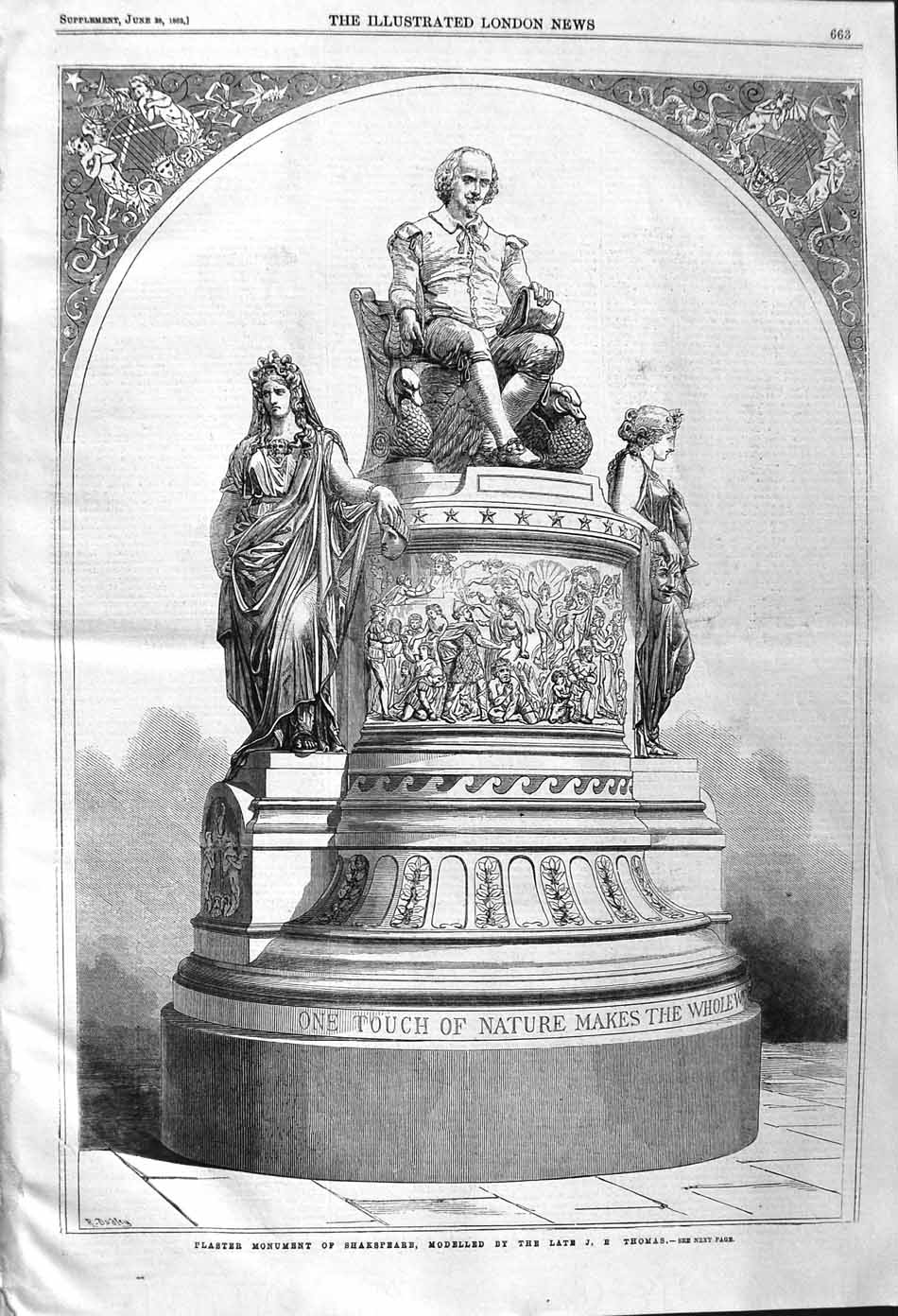 Original Old Antique Print 1862 Plaster Monument Shakspeare Modelled Thomas