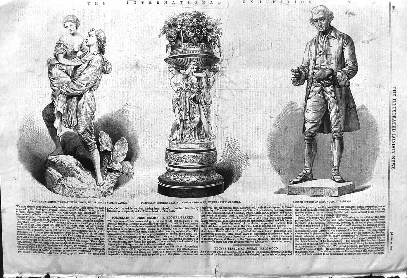 Original Old Antique Print 1862 Statue Paul Virginia Porcelain Wedgwoo Victorian