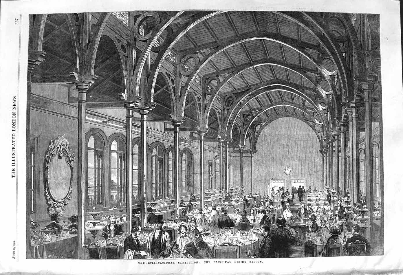 Original Old Antique Print 1862 International Exhibition Principal Dining Room