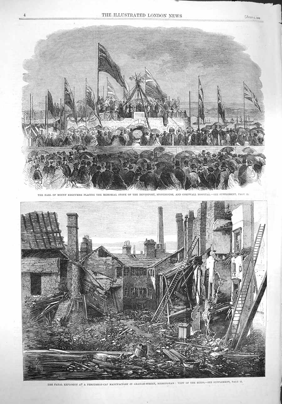 Original Old Antique Print 1862 Earl Mount Edgcumbe Devonport Hospital Fire