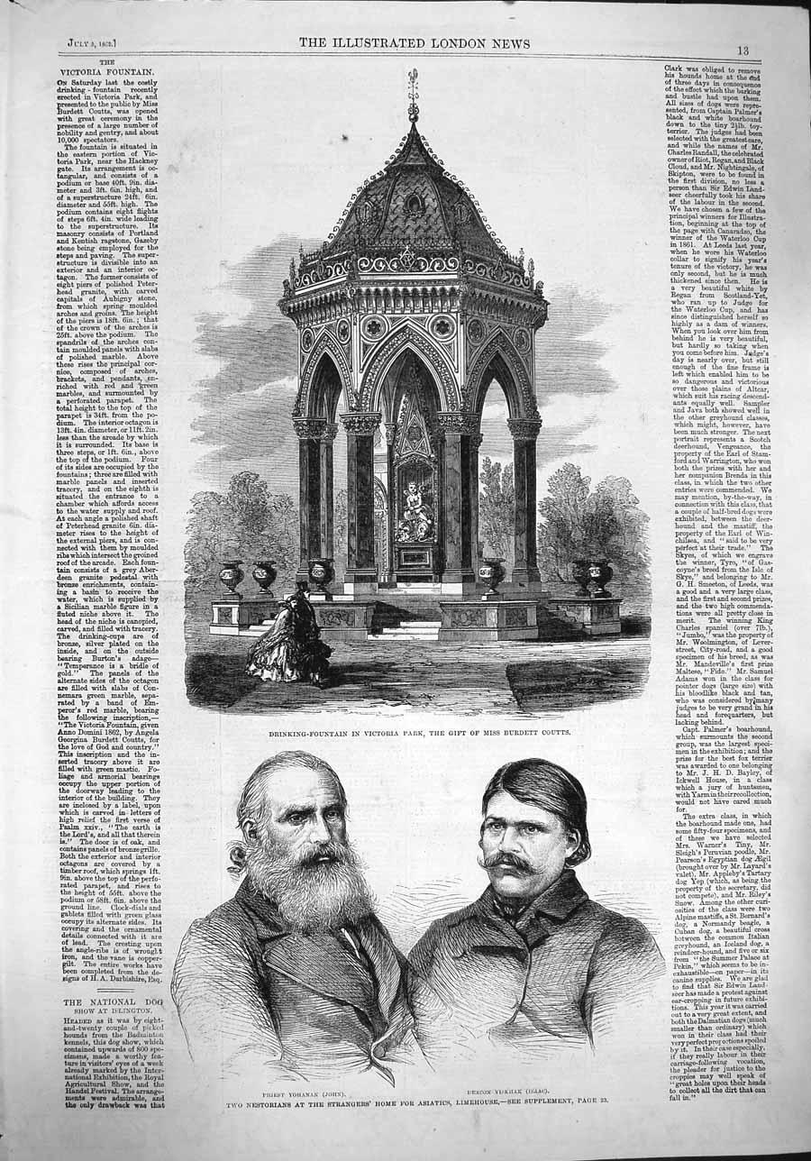Original Old Antique Print 1862 Drinking Fountain Victoria Park Yohanan Yiskhak