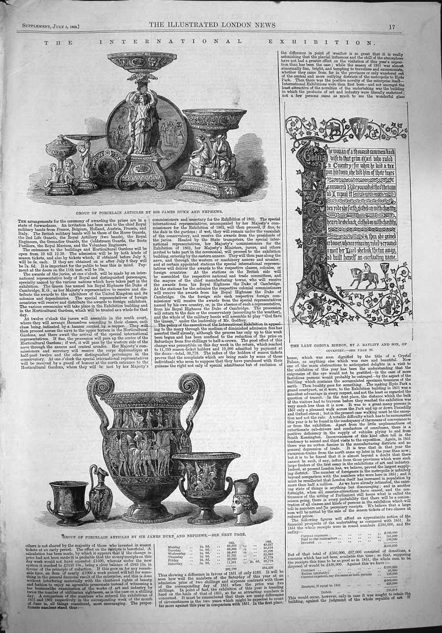 Original Old Antique Print 1862 Group Porcelain Duke Nephews Lady Godiva Ribbon