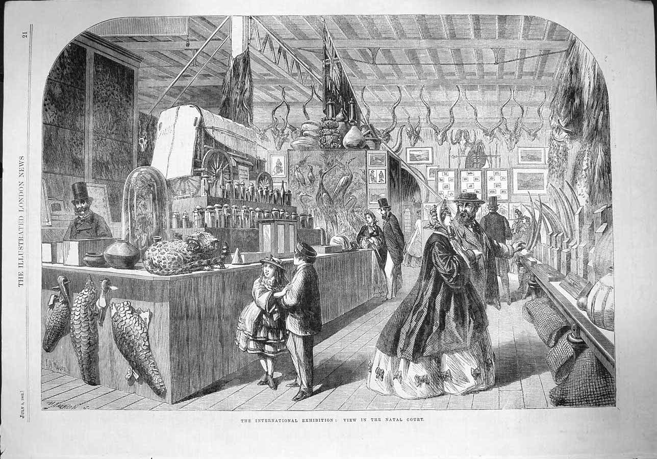 Original Old Antique Print 1862 International Exhibition Natal Court Victorian