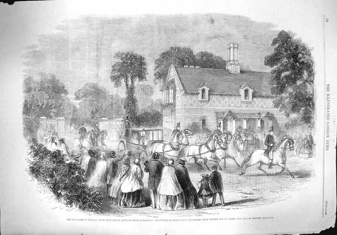 Original Old Antique Print 1862 Wedding Princess Alice Prince Louis Da Victorian