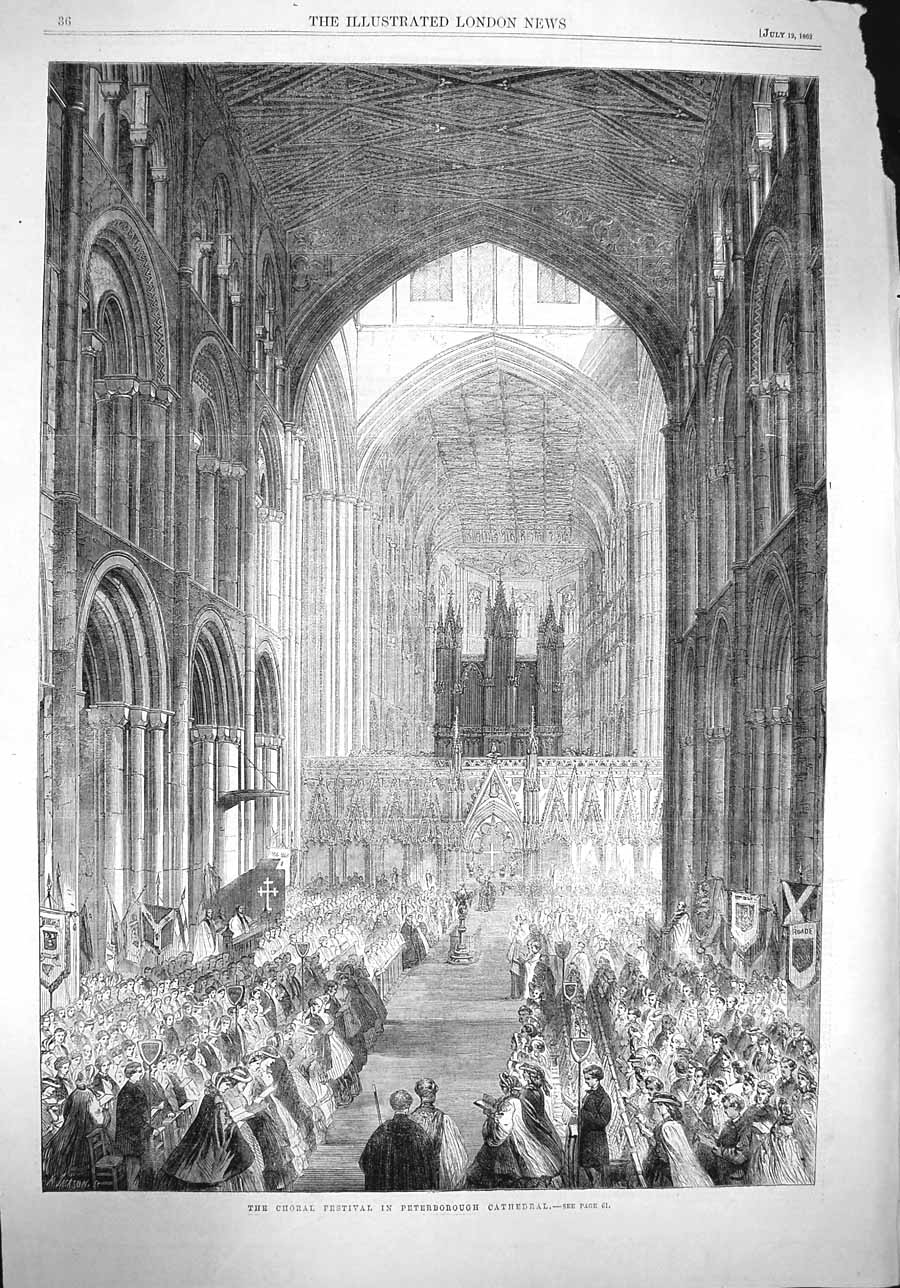 Original Old Antique Print 1862 Choral Festival Peterborough Cathedral Victorian