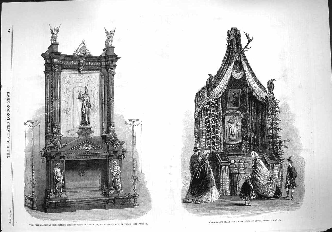 Original Old Antique Print 1862 Chinmeypiece Nave M'Dougall'S Stall Scotland