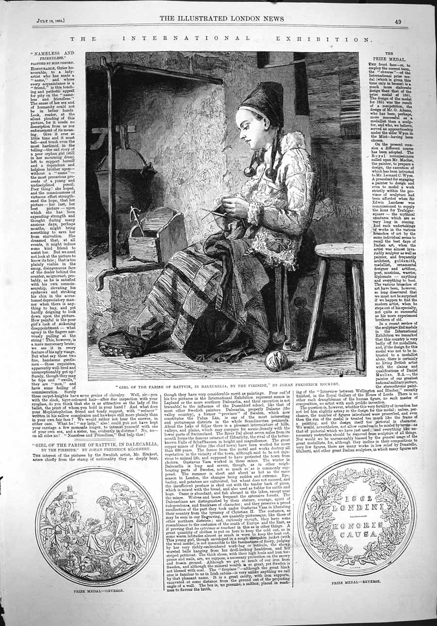 Old Antique Print 1862 Girl Parish Rattvik Dalecarlia Prize Medal Londini 19th