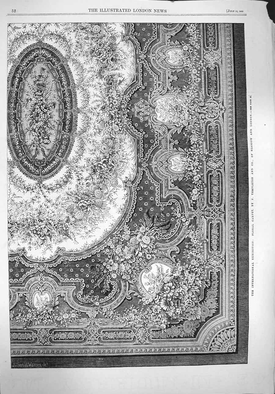 Old Antique Print 1862 Floral Carpet International Exhibition Templeton 19th