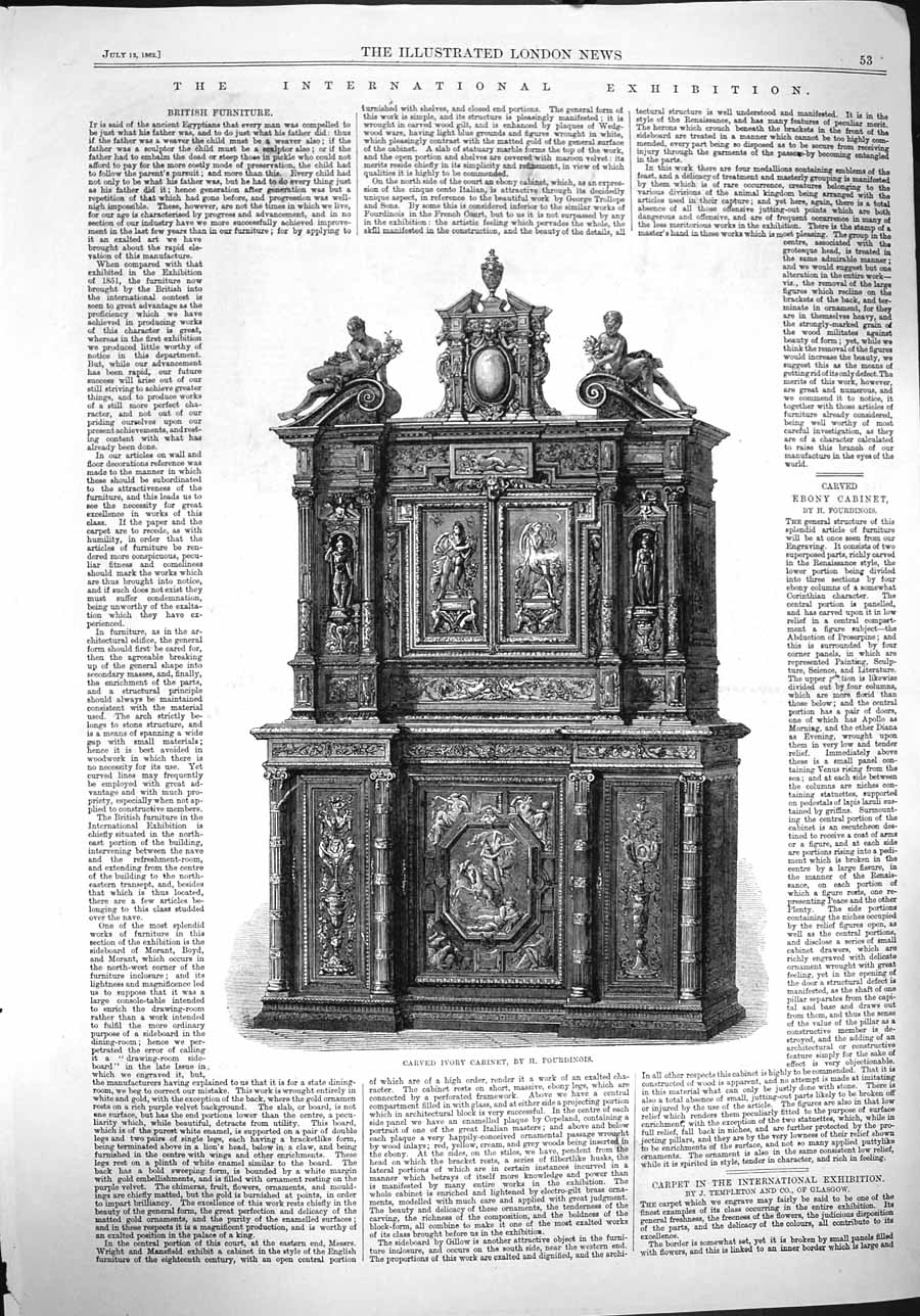 Original Old Antique Print 1862 Carved Ivory Cabinet International Exhibition