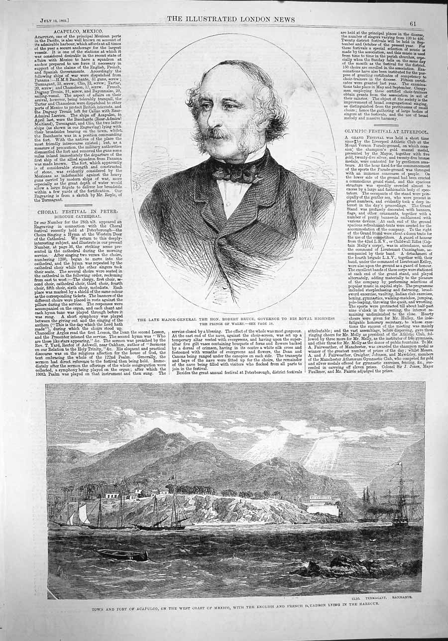 Original Old Antique Print 1862 Major-General Robert Bruce Fort Acapulco Mexico