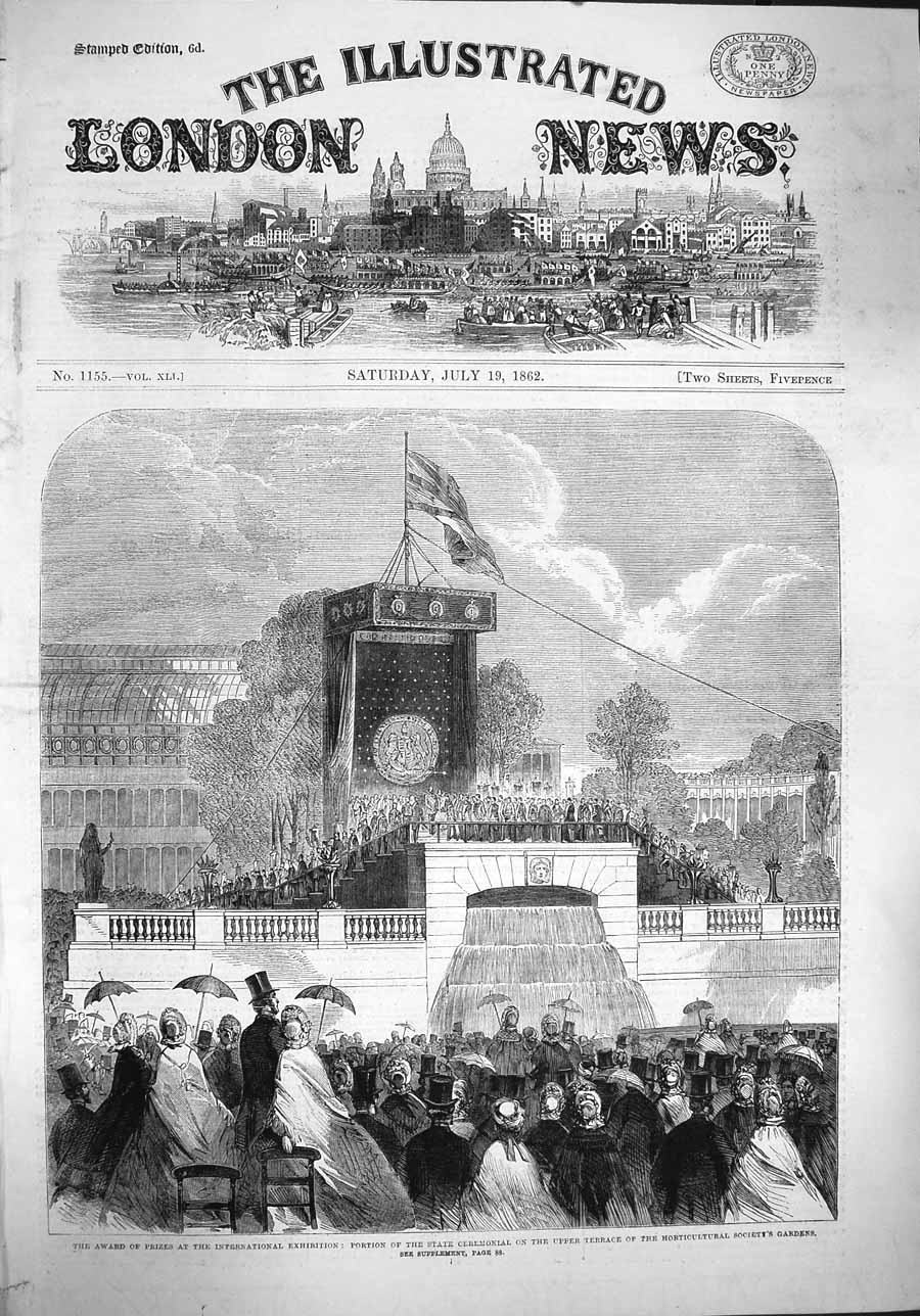 Original Old Antique Print 1862 State Ceremonial Horticultural Society Gardens