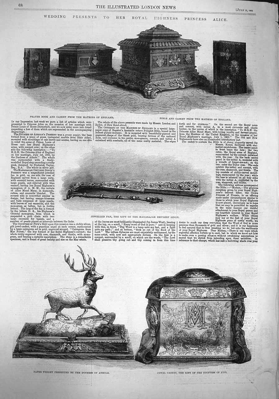 Old Antique Print 1862 Wedding Presents Princess Alice Ludwig Darmstadt 19th