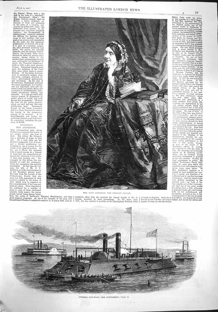 Original Old Antique Print 1862 Lucy Anderson Pianist Federal Gun-Boat Ship
