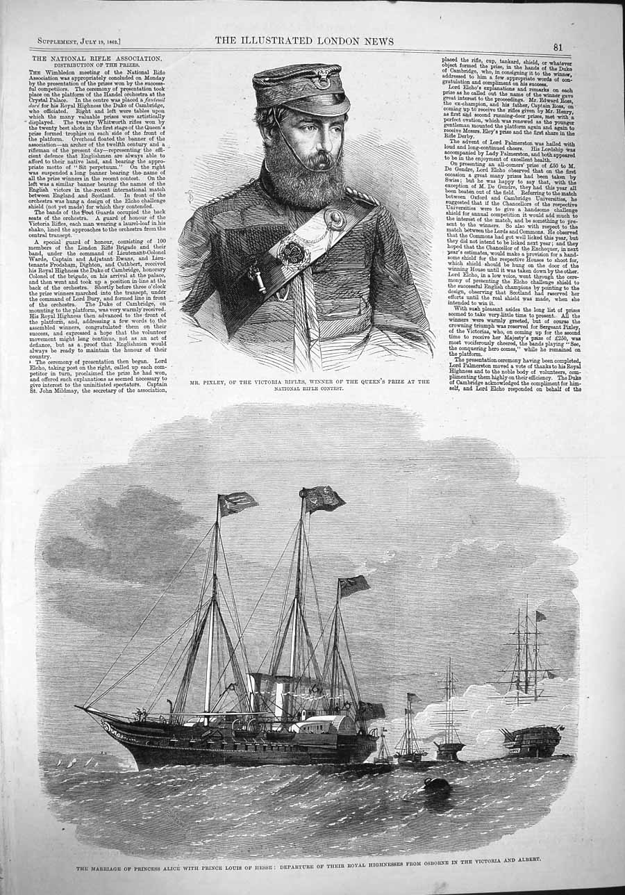 Original Old Antique Print 1862 Pixley Victoria Rifles Osborne Royal Ship 19th