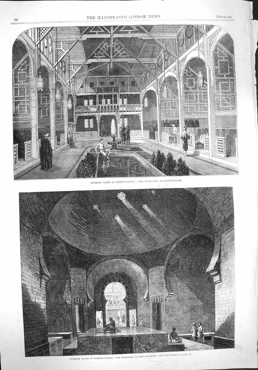 Original Old Antique Print 1862 Turkish Baths Jermyn Street Meshlakh Victorian