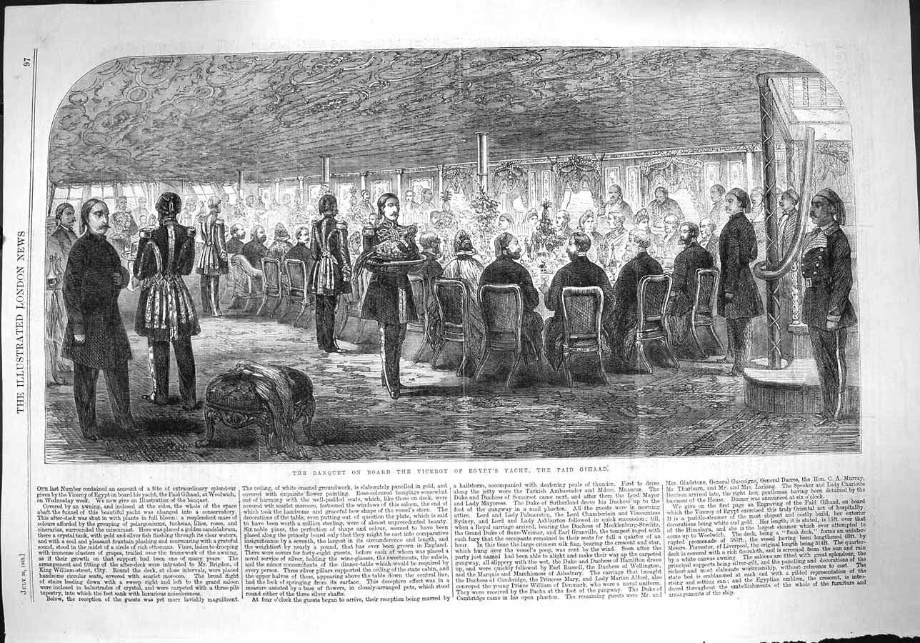 Old Antique Print 1862 Banquet Board Viceroy Egypt Yacht Faid Gihaad Ship 19th