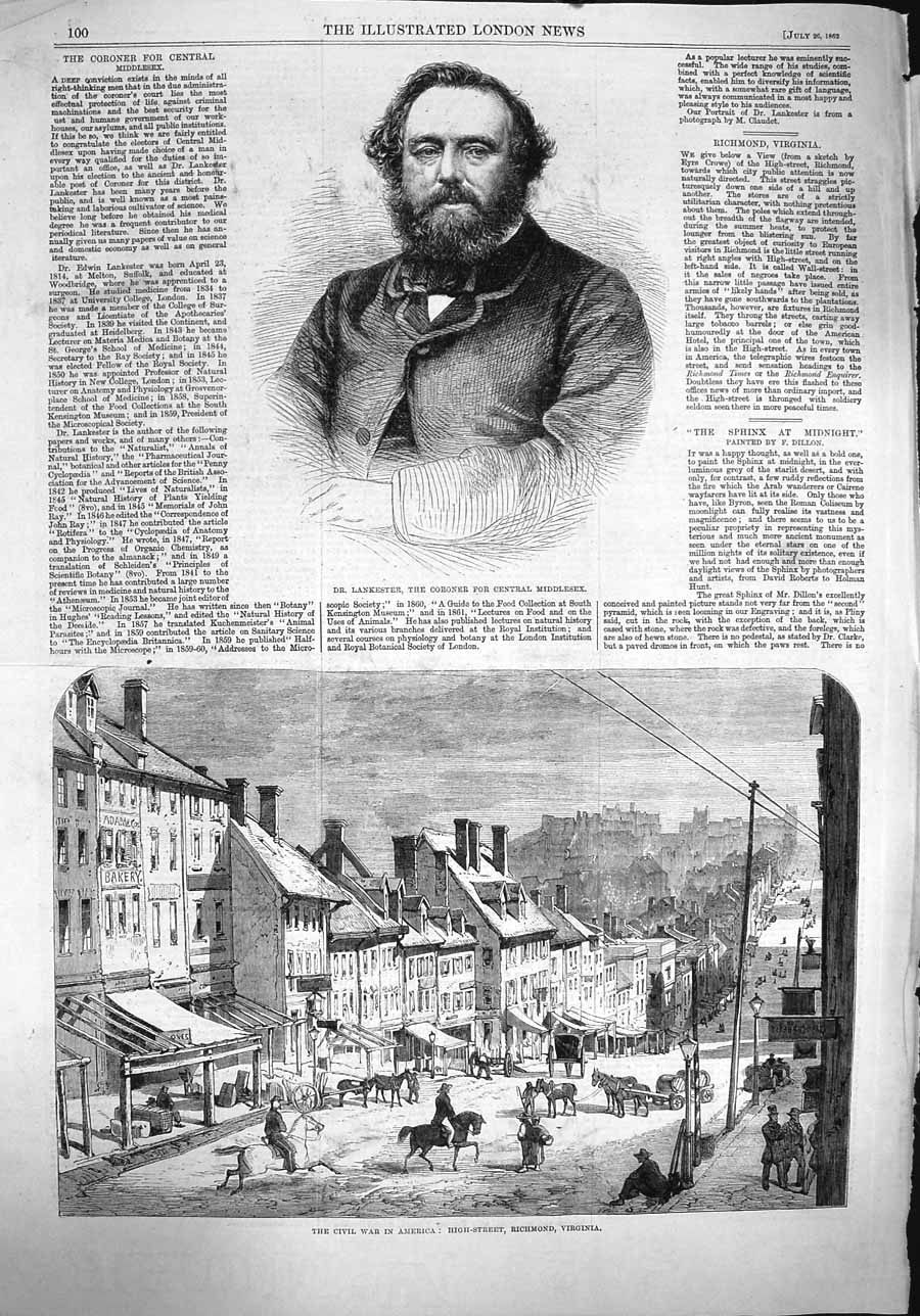 Original Old Antique Print 1862 Lankester Coroner War America Richmond Virginia